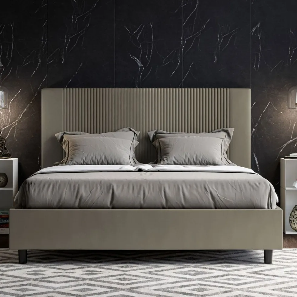 Letto 160x200 matrimoniale in similpelle e testiera linee verticali cappuccino LIT477
