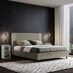 Letto 160x190 matrimoniale in similpelle e testiera linee verticali cappuccino LIT475