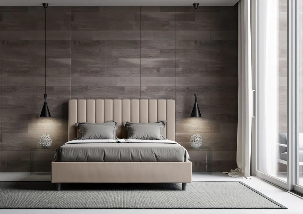Letto 160x190 matrimoniale in similpelle con testiera effetto trapuntato tortora LIT481