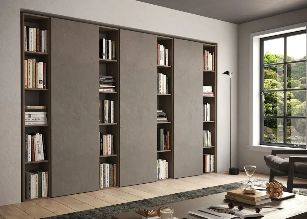 Libreria elegante a parete 274x186 cm bronzo e noce LBL4
