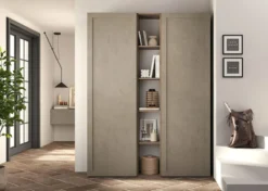 Libreria elegante piccola a parete 136x186 cm argilla e noce LBL5