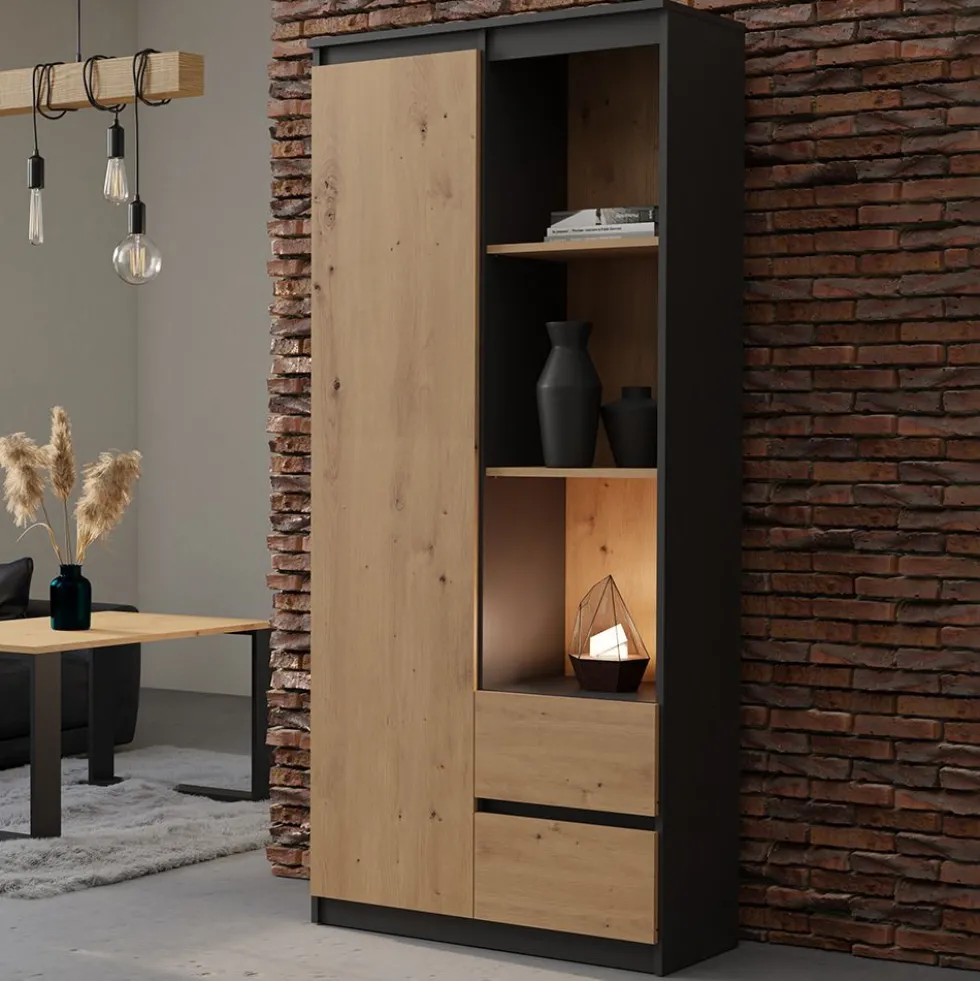 Libreria moderna 80x180x35 cm con anta e cassetti rovere/antracite LBT7