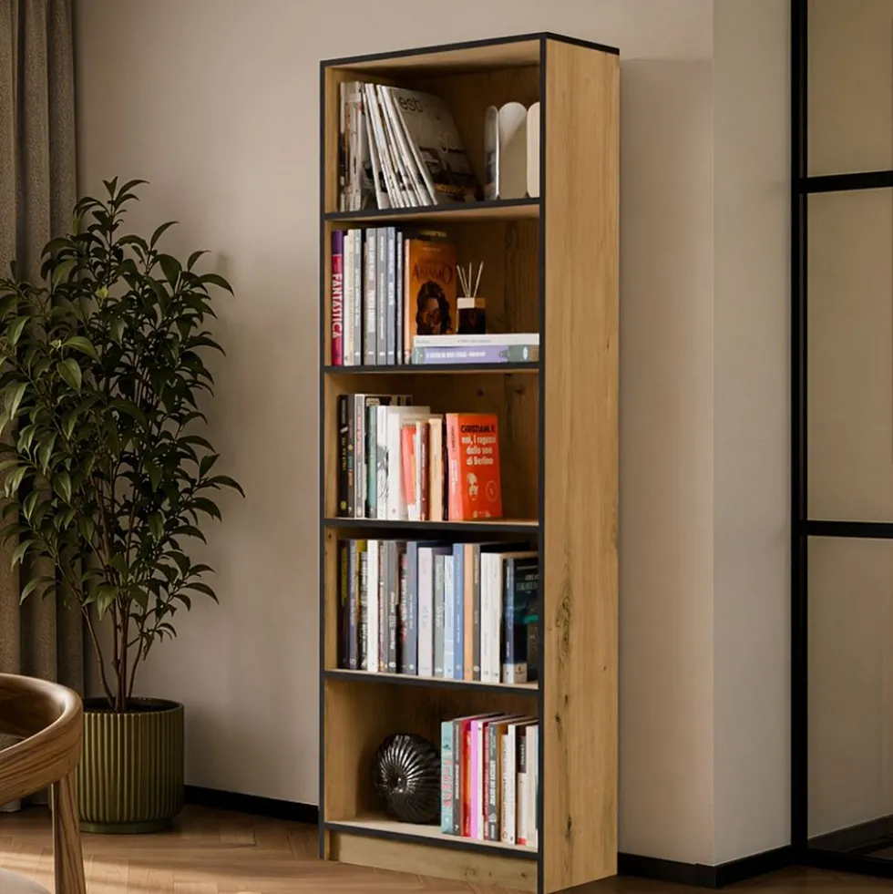 Libreria moderna 60x182x30 cm con ripiani rovere e nero LBT2