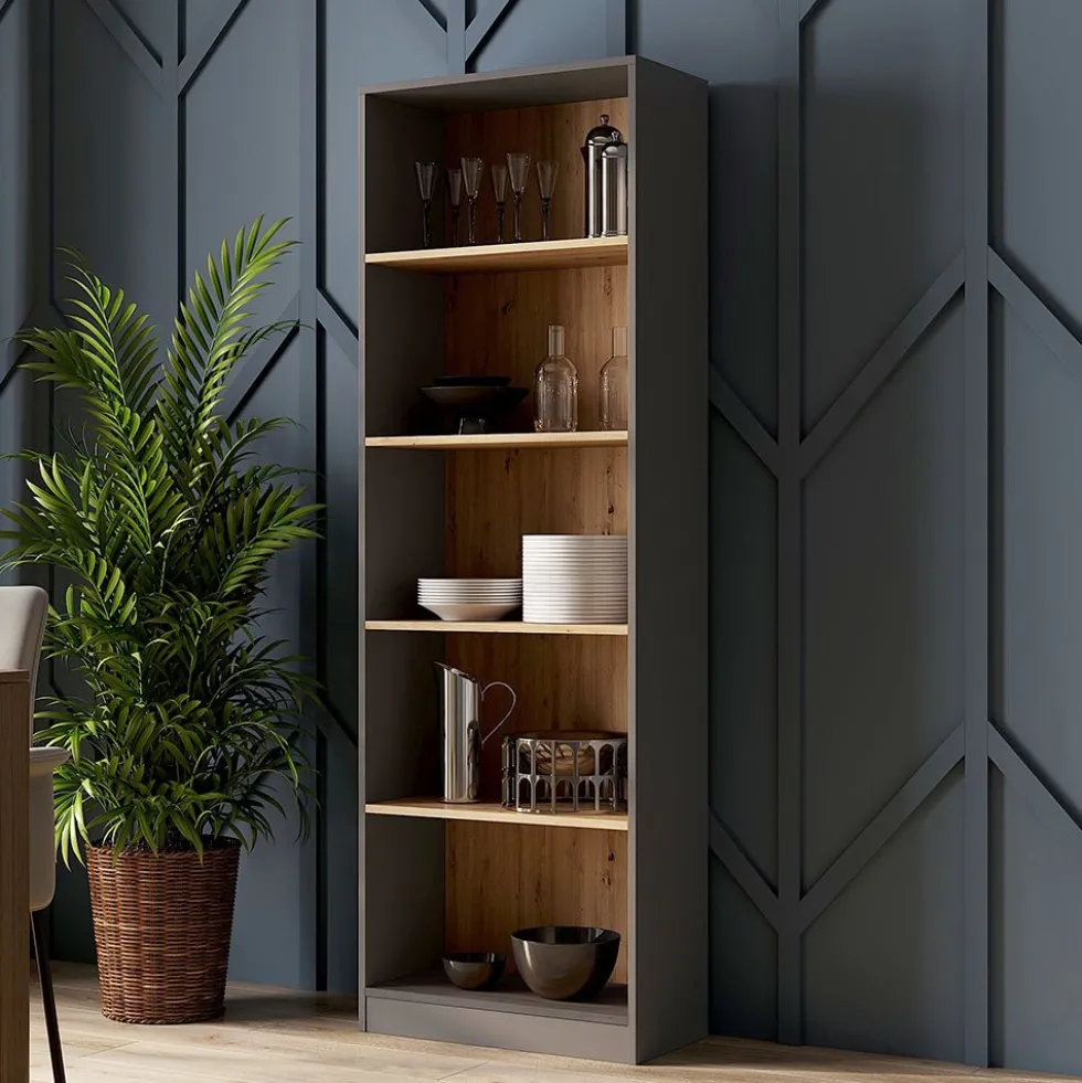 Libreria moderna 60x182x30 cm con ripiani rovere e antracite LBT2