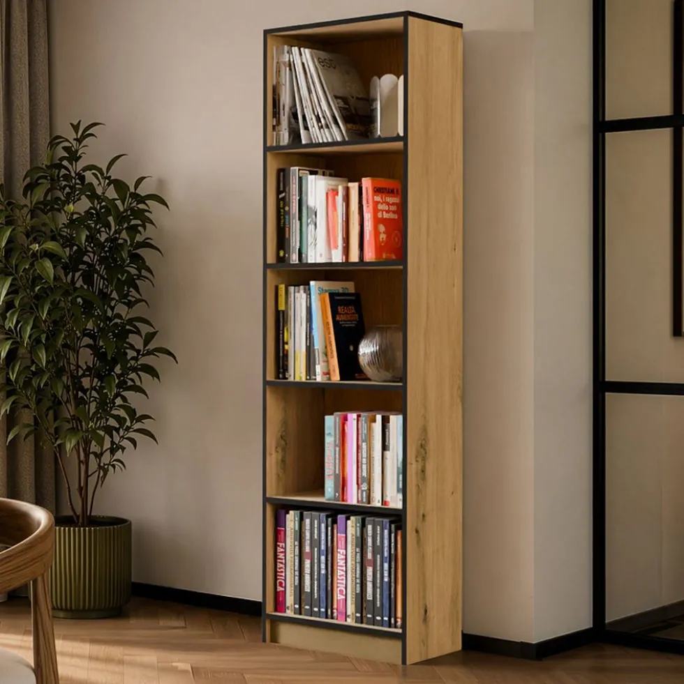 Libreria moderna 50x182x30 cm con 4 ripiani rovere/nero LBT4