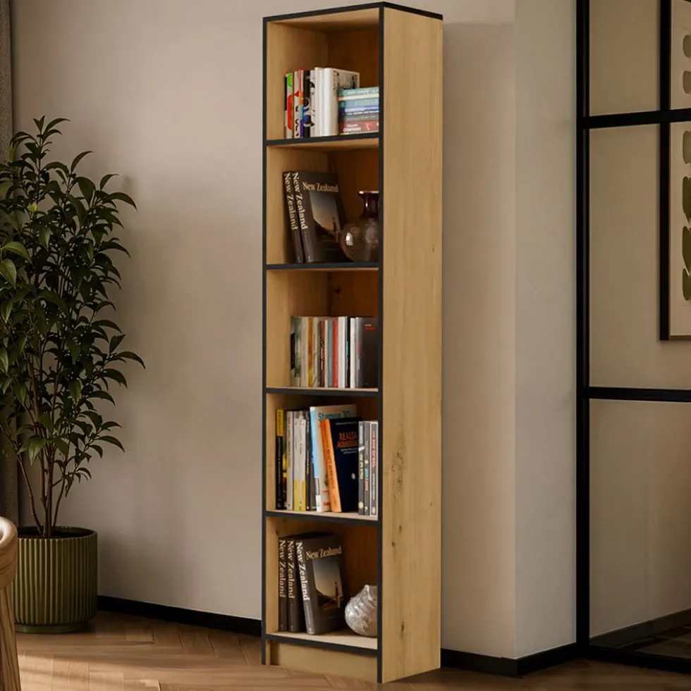 Libreria moderna 182x40x30 cm con 4 ripiani rovere e nero LBT1