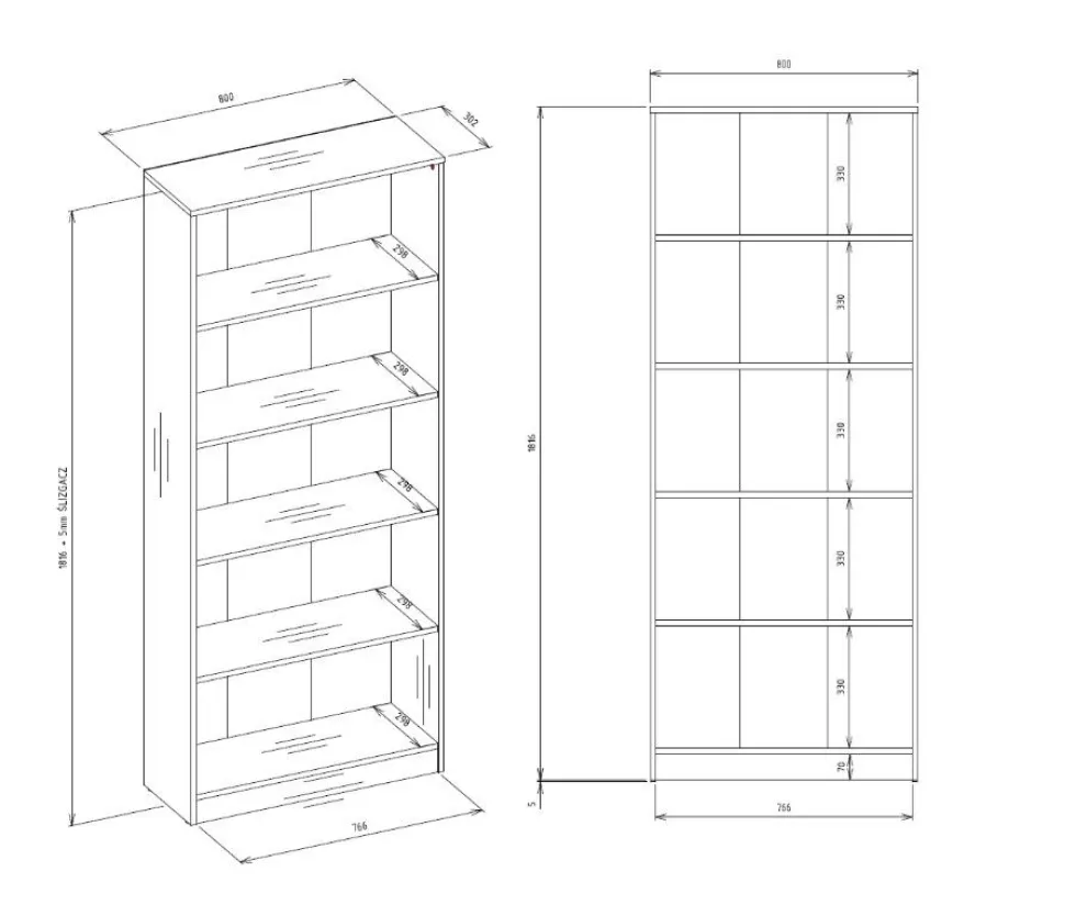 Libreria moderna 80x182x30 cm con 4 ripiani rovere naturale LBT3