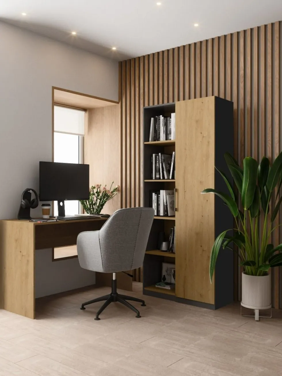 Libreria moderna 80x182x30 cm con vani a giorno e anta rovere e antracite LBT8