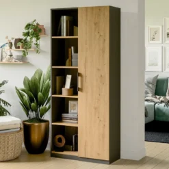 Libreria moderna 80x182x30 cm con vani a giorno e anta rovere e antracite LBT8