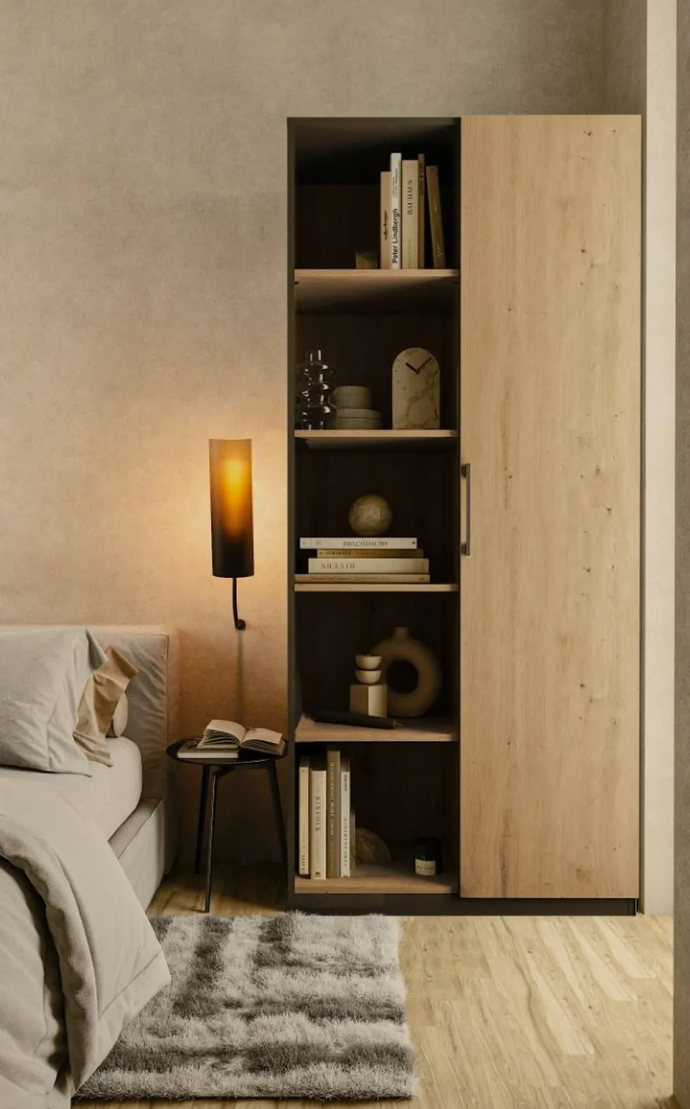 Libreria moderna 80x182x30 cm con vani a giorno e anta rovere e antracite LBT8