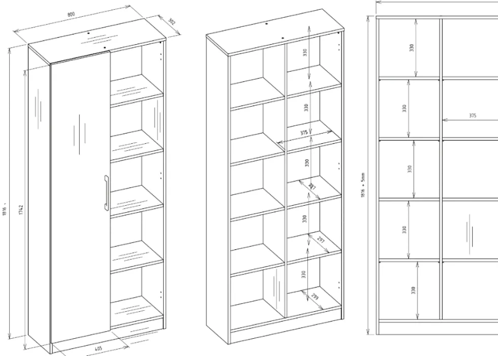 Libreria moderna 80x182x30 cm con vani a giorno e anta rovere chiaro LBT8
