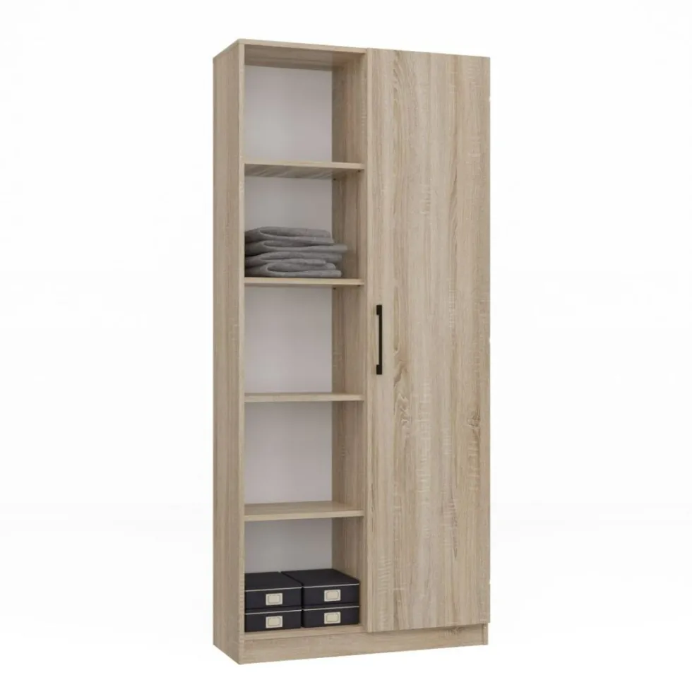 Libreria moderna 80x182x30 cm con vani a giorno e anta rovere chiaro LBT8