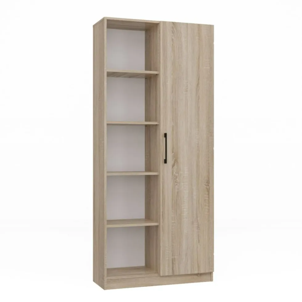 Libreria moderna 80x182x30 cm con vani a giorno e anta rovere chiaro LBT8