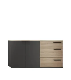 Madia a 2 ante e 3 cassetti 160x85 cm nero opaco e rovere naturale MI23