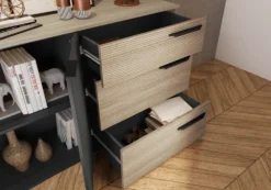 Madia a 2 ante e 3 cassetti 160x85 cm nero opaco e rovere naturale MI23