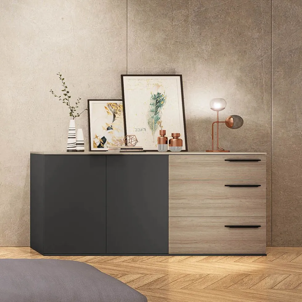 Madia a 2 ante e 3 cassetti 160x85 cm nero opaco e rovere naturale MI23