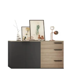 Madia a 2 ante e 3 cassetti 160x85 cm nero opaco e rovere naturale MI23