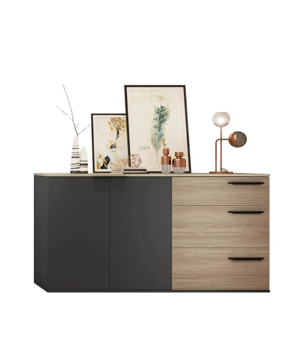 Madia a 2 ante e 3 cassetti 160x85 cm nero opaco e rovere naturale MI23