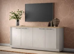 Madia da soggiorno 4 ante 211x88 cm bianco effetto legno e rovere ML59
