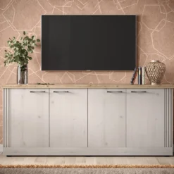 Madia da soggiorno 4 ante 211x88 cm bianco effetto legno e rovere ML59