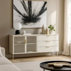Madia da soggiorno moderna con ante in vetro temperato e luce LED cashmere MALK41