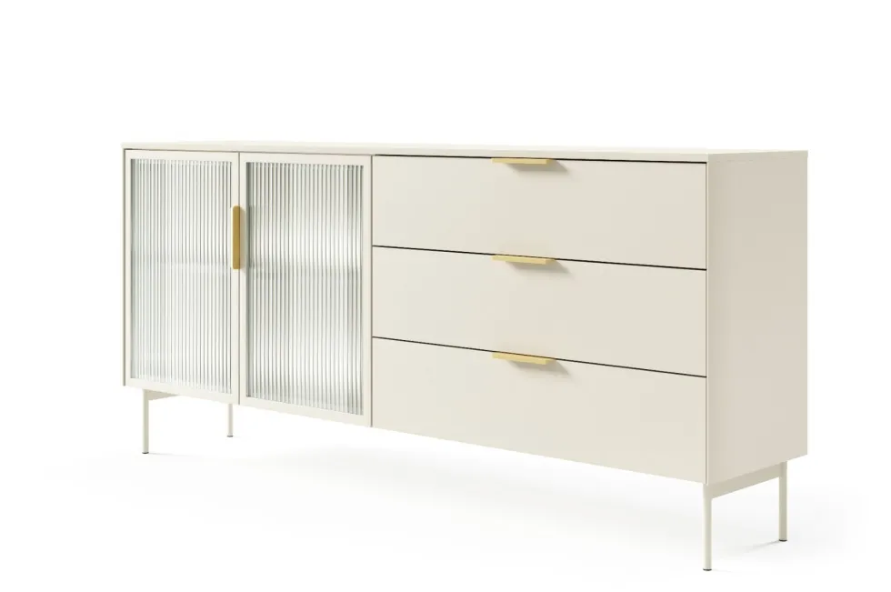 Madia da soggiorno moderna con ante in vetro temperato e luce LED cashmere MALK41