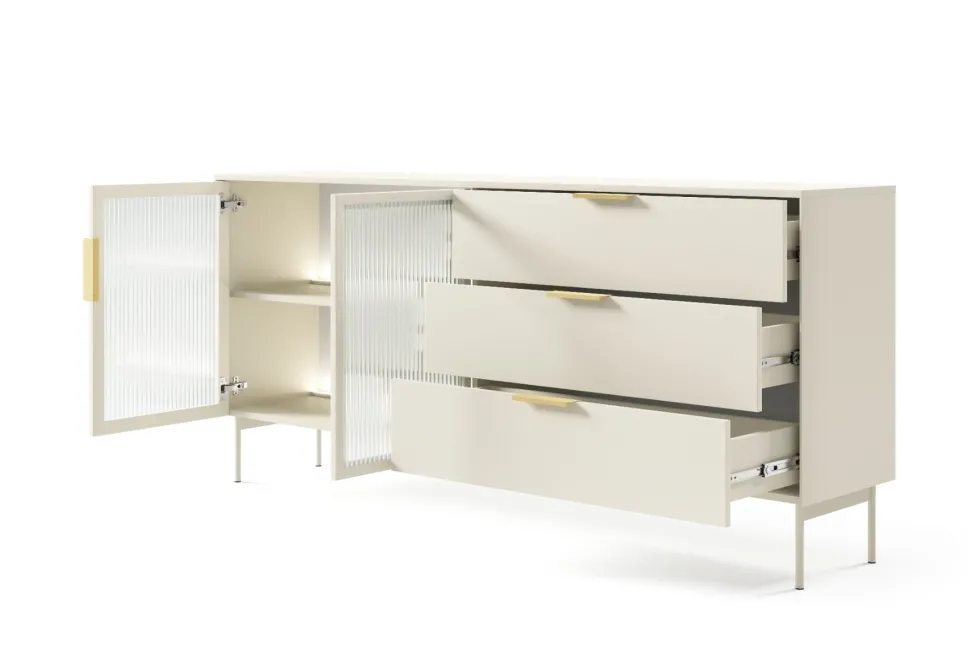Madia da soggiorno moderna con ante in vetro temperato e luce LED cashmere MALK41
