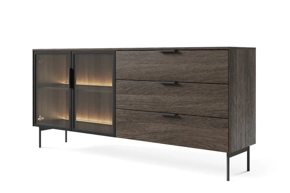 Madia da soggiorno moderna con ante in vetro temperato e luce LED quercia scura e nero MALK41