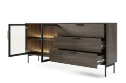 Madia da soggiorno moderna con ante in vetro temperato e luce LED quercia scura e nero MALK41