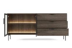 Madia da soggiorno moderna con ante in vetro temperato e luce LED quercia scura e nero MALK41