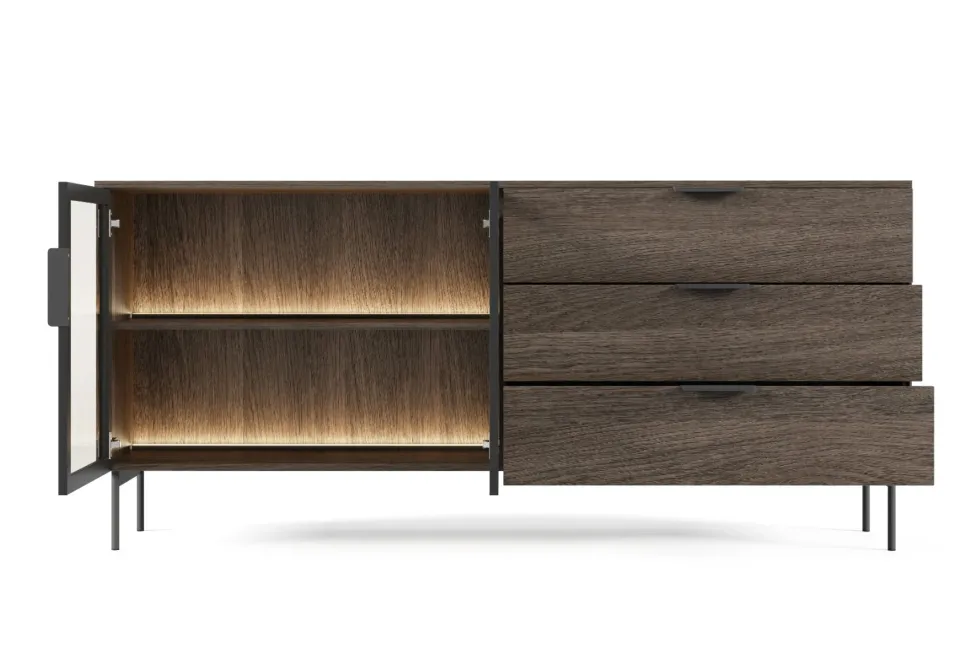 Madia da soggiorno moderna con ante in vetro temperato e luce LED quercia scura e nero MALK41