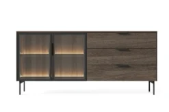 Madia da soggiorno moderna con ante in vetro temperato e luce LED quercia scura e nero MALK41