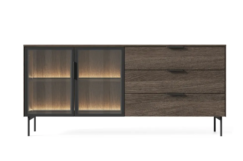 Madia da soggiorno moderna con ante in vetro temperato e luce LED quercia scura e nero MALK41