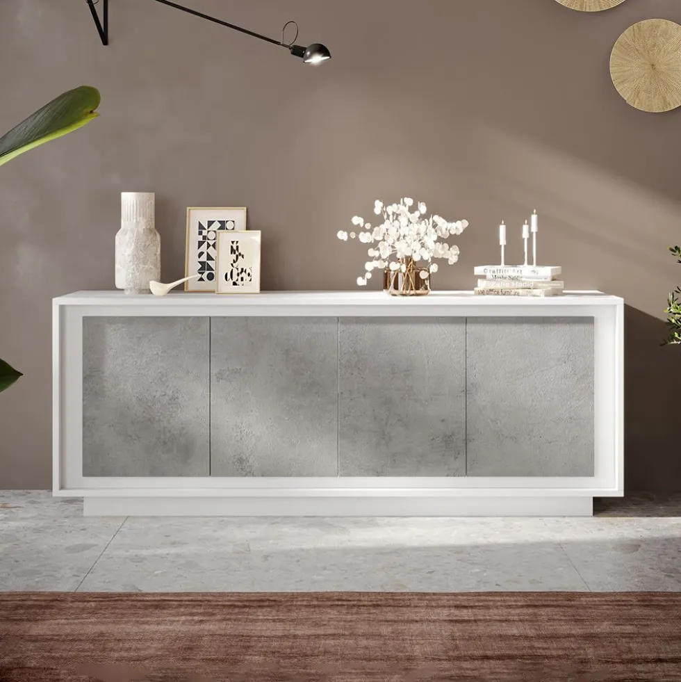 Madia moderna a 4 ante 207x80 cm bianco opaco e cemento ML56