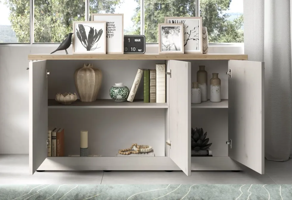 Madia moderna 3 ante 164x88 cm bianco effetto legno e rovere ML58
