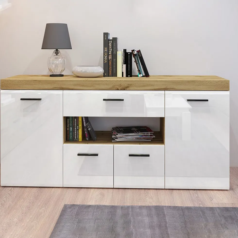 Madia moderna bianco lucido e rovere MI6