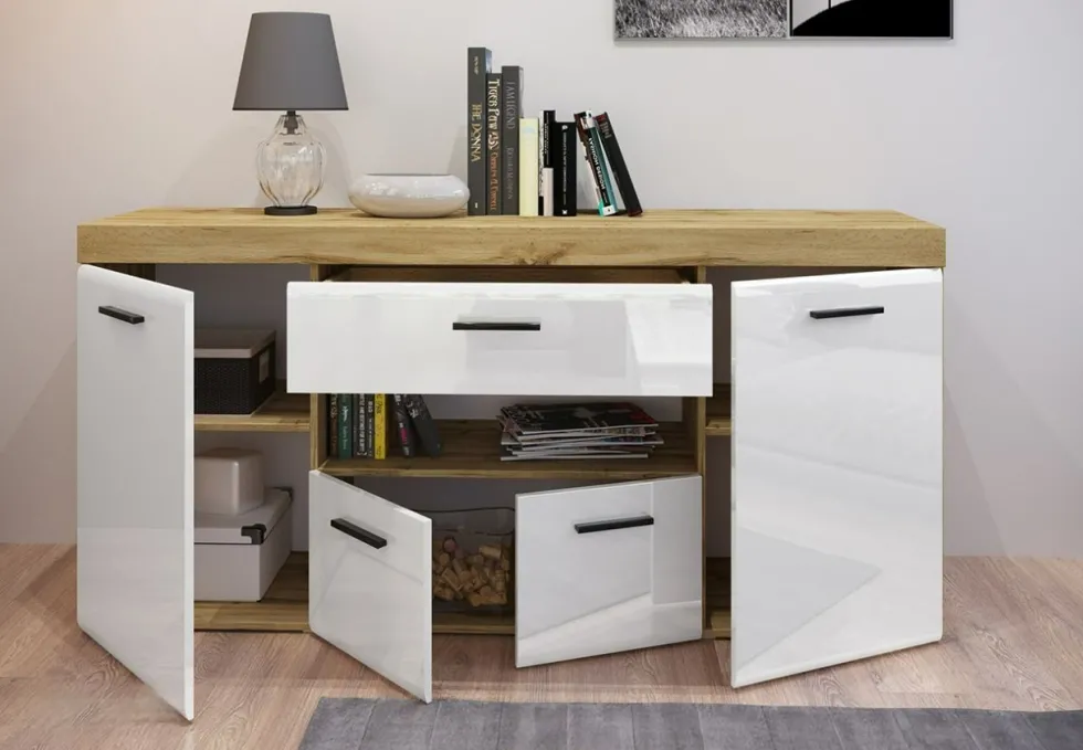 Madia moderna bianco lucido e rovere MI6