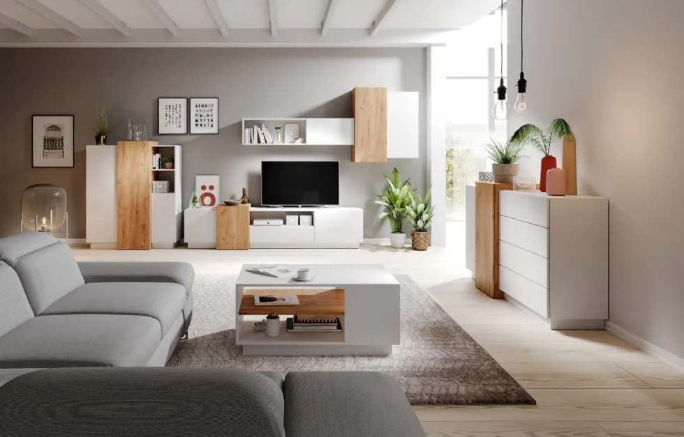 Madia moderna 160 cm bianca e rovere MALK39
