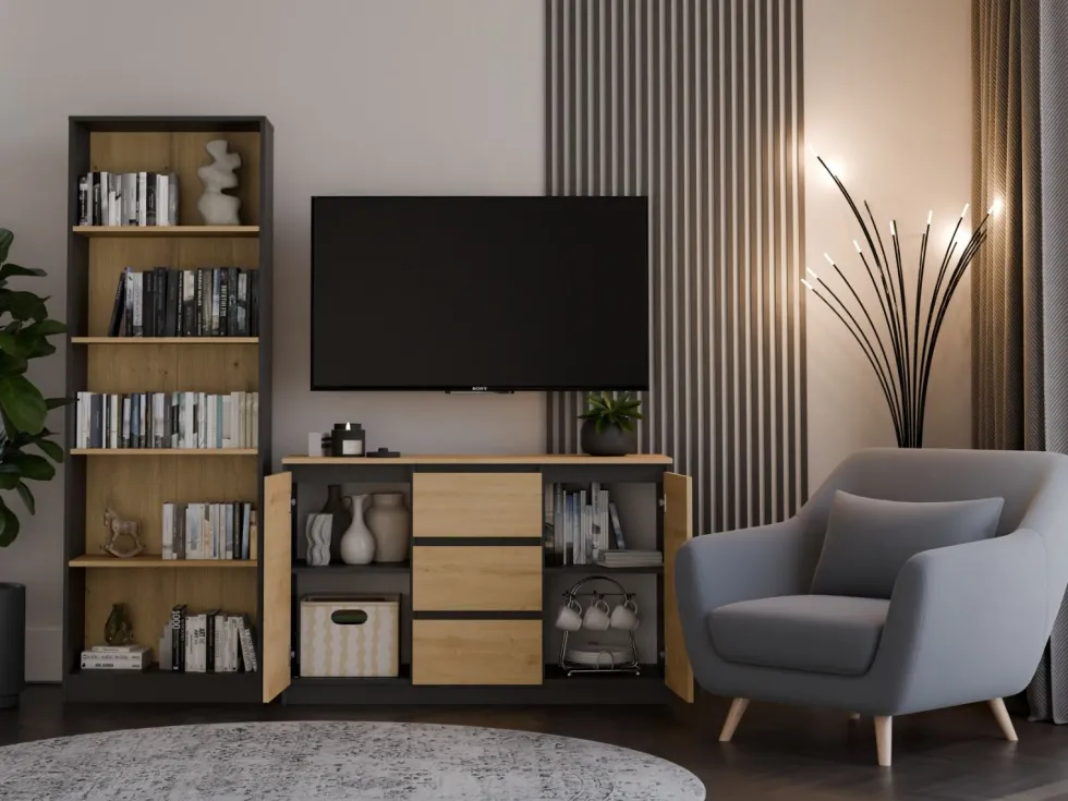 Madia moderna 120 cm con cassetti e ante rovere e antracite MT8