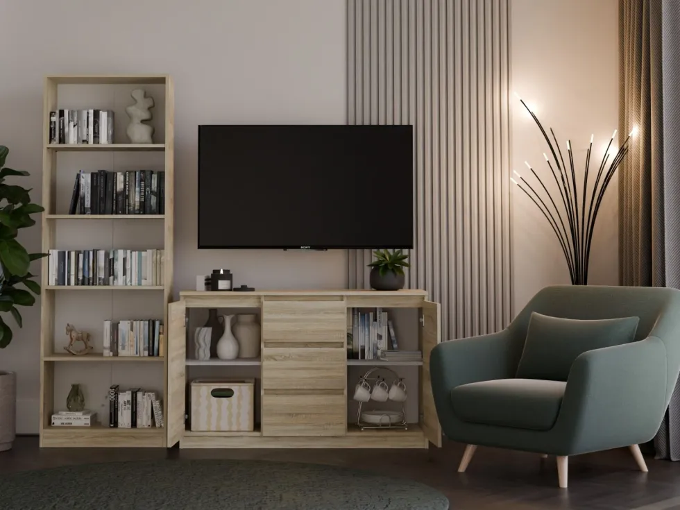 Madia moderna 120 cm con cassetti e ante in rovere chiaro MT8
