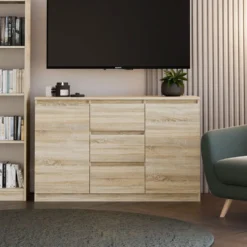 Madia moderna 120 cm con cassetti e ante in rovere chiaro MT8