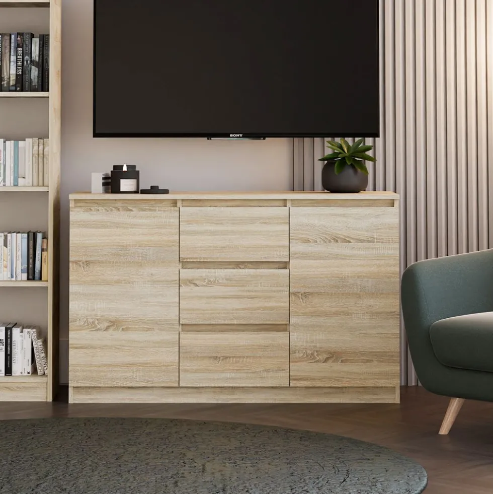 Madia moderna 120 cm con cassetti e ante in rovere chiaro MT8