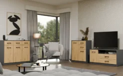 Madia moderna 109 cm per soggiorno con 3 ante e 3 cassetti in rovere e antracite MT14