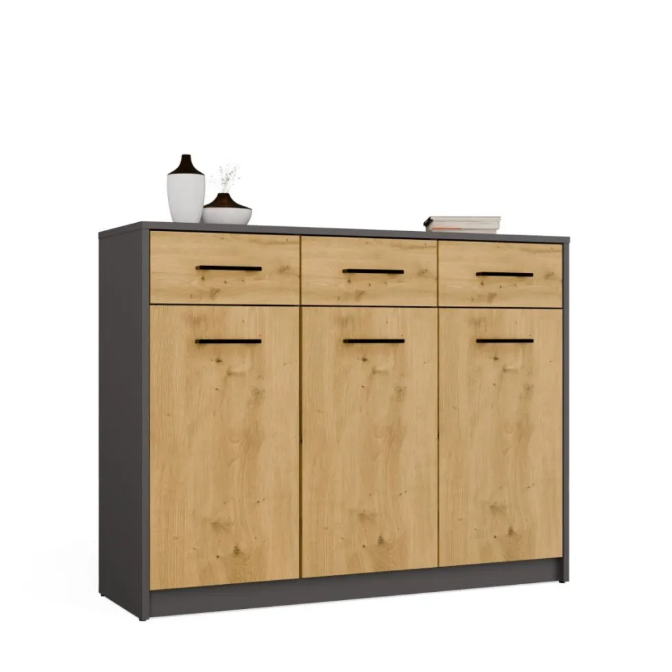 Madia moderna 109 cm per soggiorno con 3 ante e 3 cassetti in rovere e antracite MT14
