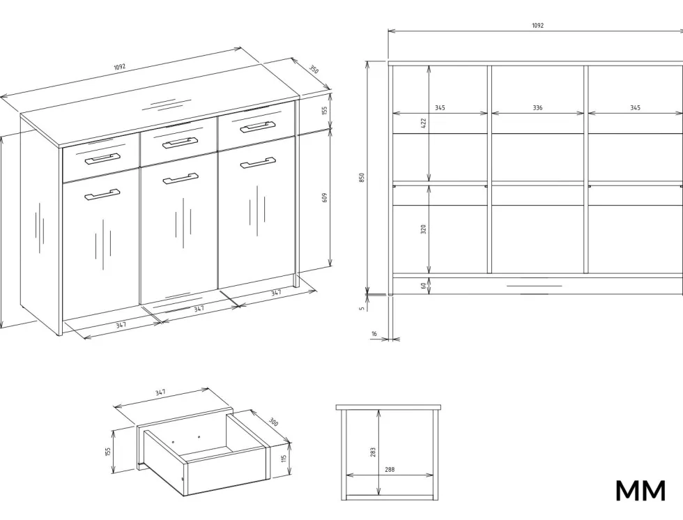 Madia moderna 109 cm per soggiorno con 3 ante e 3 cassetti in rovere e antracite MT14