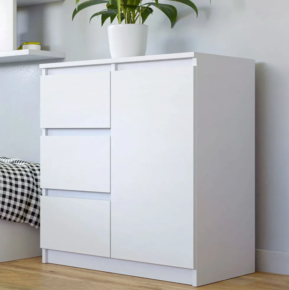 Madia moderna 75 cm per soggiorno con 3 cassetti bianco opaco MT5
