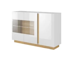 Madia moderna con vetrina 138x90 bianca con dettagli rovere MALK1