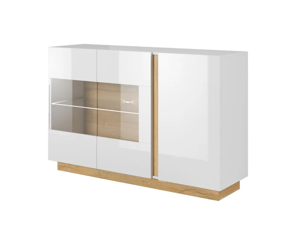 Madia moderna con vetrina 138x90 bianca con dettagli rovere MALK1