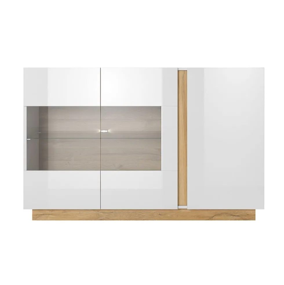 Madia moderna con vetrina 138x90 bianca con dettagli rovere MALK1