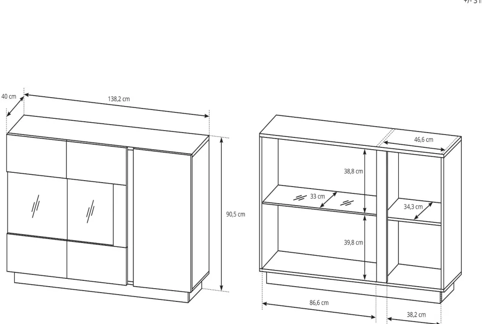 Madia moderna con vetrina 138x90 bianca con dettagli rovere MALK1